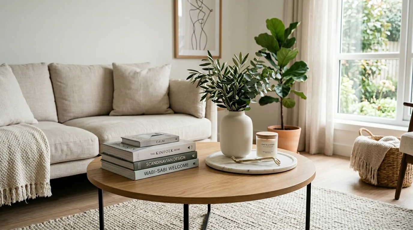 Beautifully styled coffee table with layered decor in a chic living room.